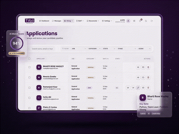 Effica Hire Applications — manage your candidate pipeline with filters and AI scores