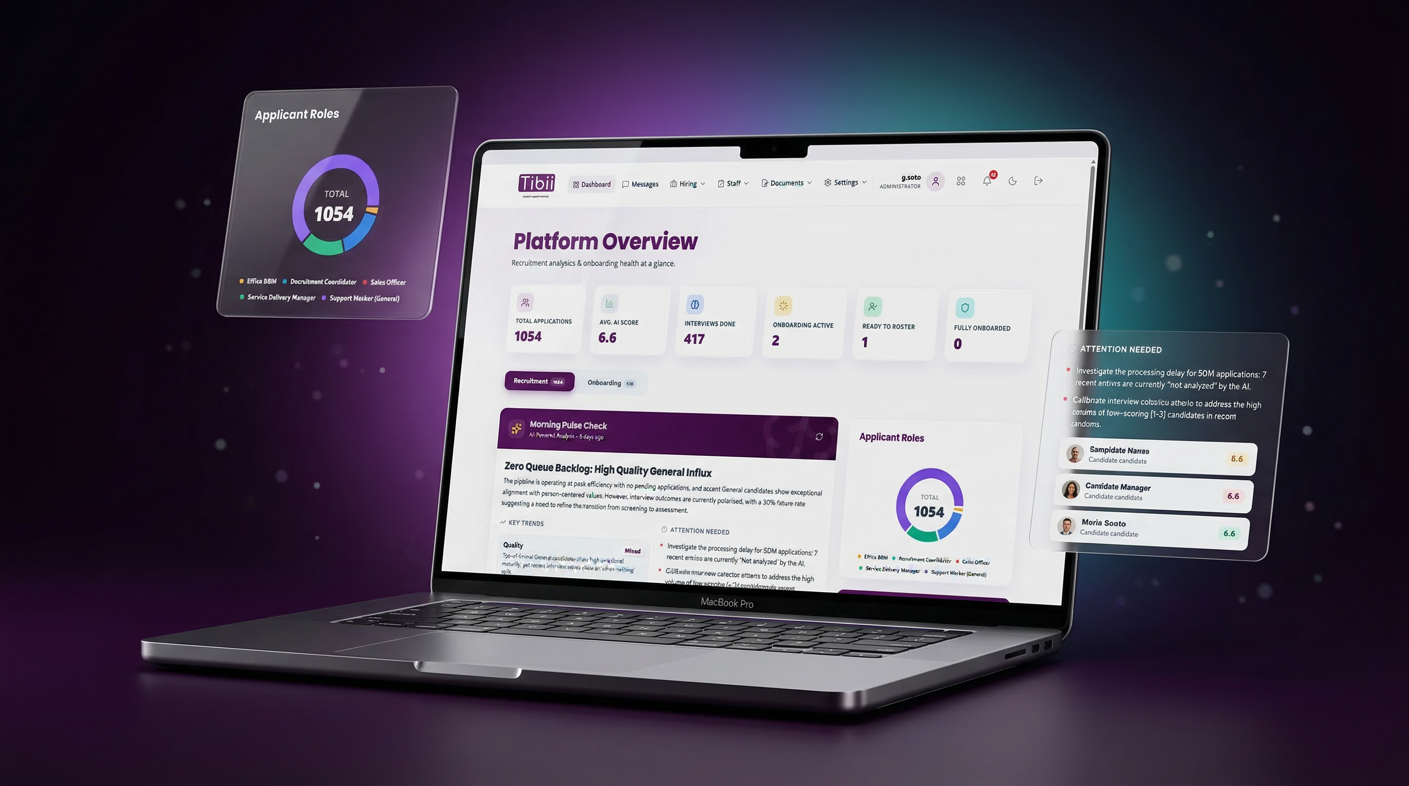 Effica Hire Platform Overview — AI-powered analytics dashboard with multiple screens showing recruitment pipeline, candidate applications, and staff onboarding