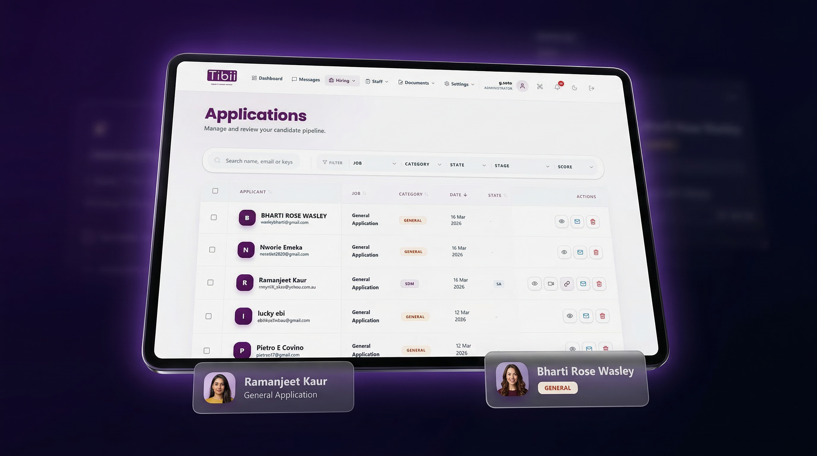 Effica Hire Applications — candidate pipeline with search, filters, and batch actions