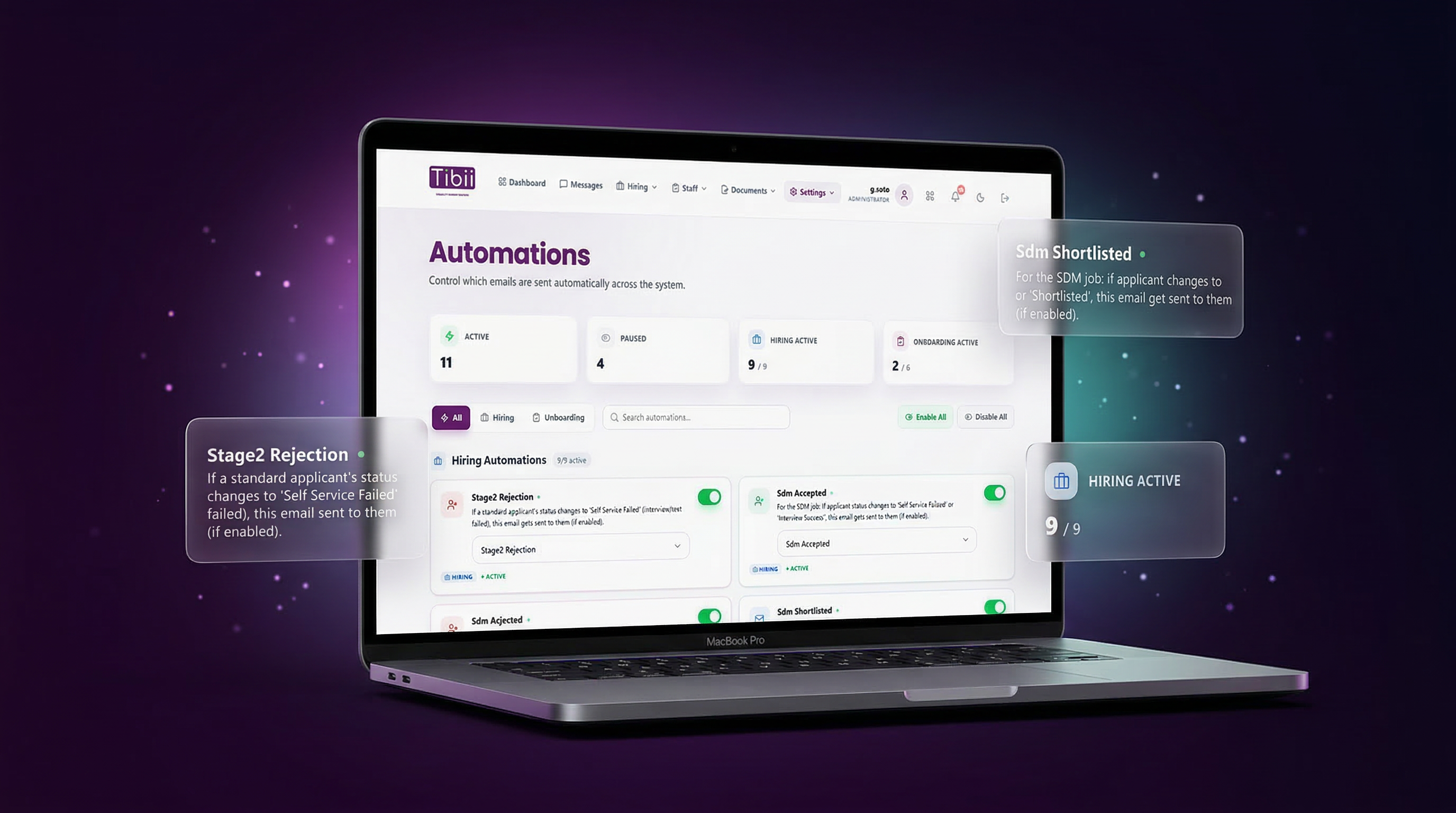 Effica Hire Automations — control hiring and onboarding email automations