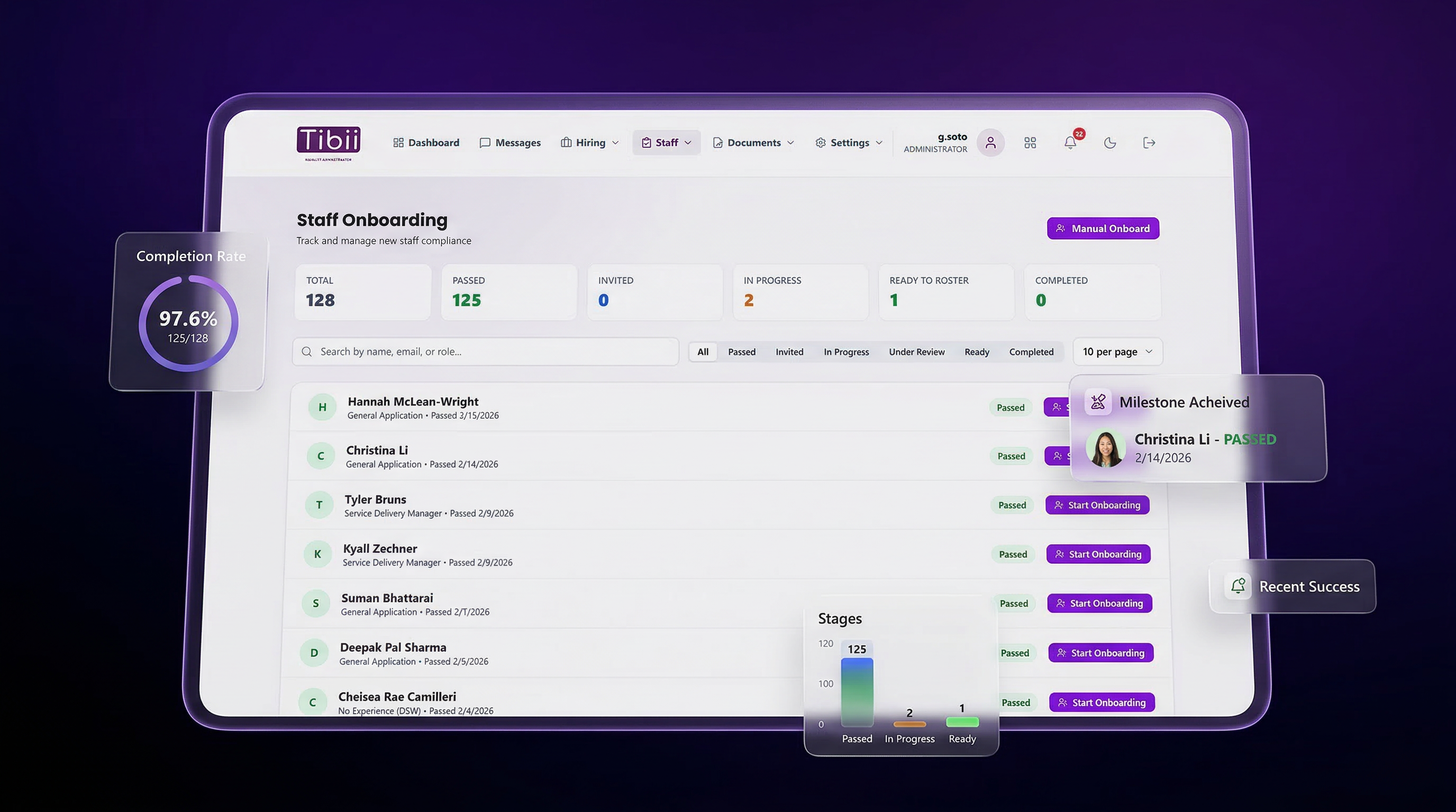 Effica Hire Staff Onboarding — track progress from passed to completed